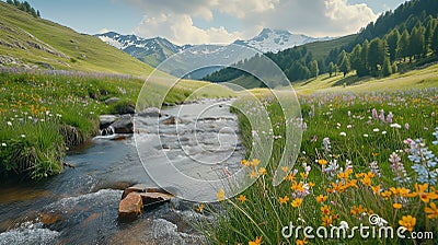 Tranquil mountain stream: nature's blossoming beauty Stock Photo