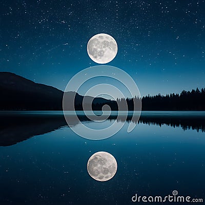Tranquil night scene with full moon reflecting on calm lake Stock Photo
