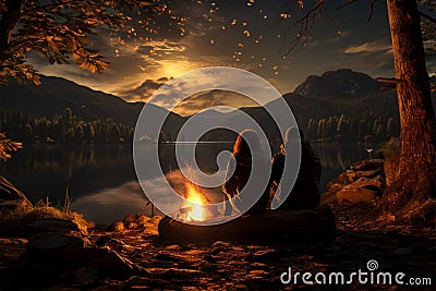 Tranquil night a young couple, campfire, and the Milky Way Stock Photo