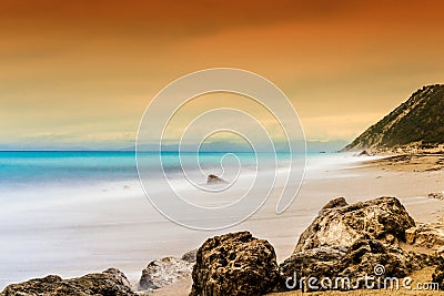 Tranquil Ocean scene, Golden Hour Long Exposure Shot Stock Photo