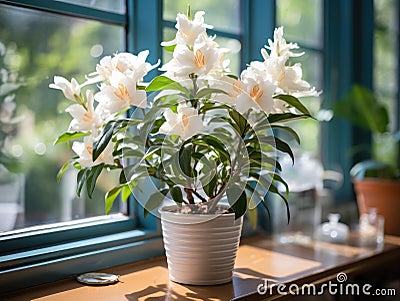 Tranquil office plant by window amidst busyness Stock Photo