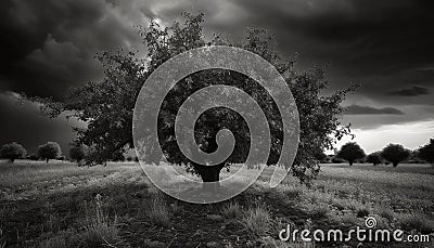 Tranquil olive tree meadow under dramatic monochrome sky at dusk generated by AI Stock Photo