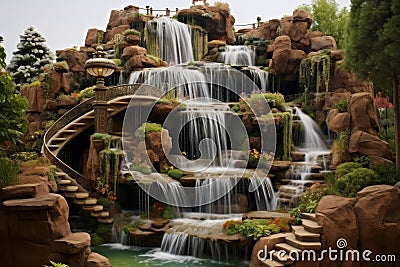 Tranquil Outdoor fountain waterfall stone. Generate Ai Stock Photo