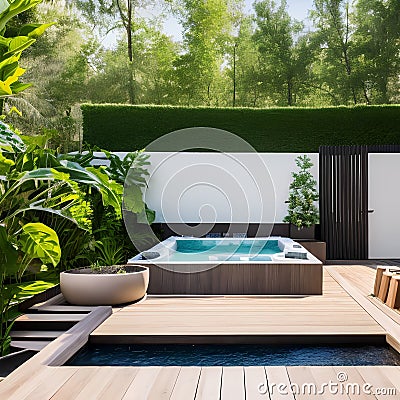 A tranquil outdoor spa area with a luxurious hot tub, lounge chairs, and lush greenery for a private oasis of relaxation and rej Stock Photo