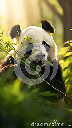 A tranquil panda munching on bamboo in a warm, sunlight-filled forest setting Stock Photo