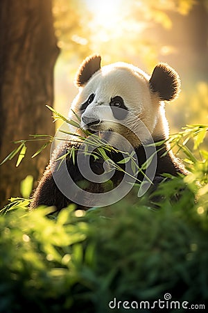 A tranquil panda munching on bamboo in a warm, sunlight-filled forest setting Stock Photo