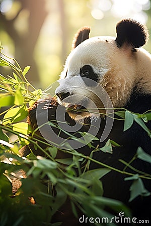 A tranquil panda munching on bamboo in a warm, sunlight-filled forest setting Stock Photo