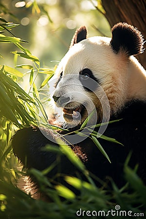 A tranquil panda munching on bamboo in a warm, sunlight-filled forest setting Stock Photo