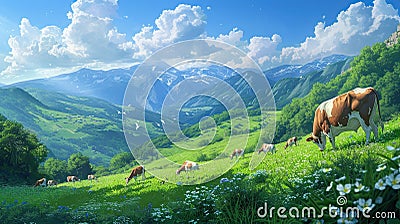 Tranquil pasture landscape cows graze in serene countryside with green valley and blue skies. Generated AI Stock Photo