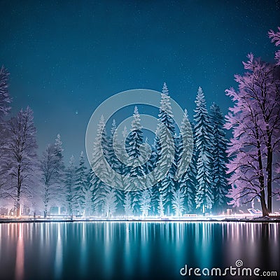 tranquil pond in the foreground and a line of snow-covered trees illuminated by a starry night sky Cartoon Illustration