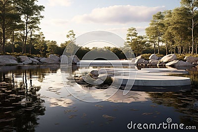 Tranquil Reflection Pond with Memorial Stones A Stock Photo
