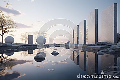 Tranquil Reflection Pond with Memorial Stones A Stock Photo