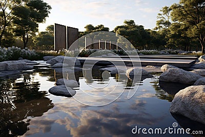 Tranquil Reflection Pond with Memorial Stones A Stock Photo