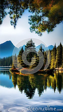 Tranquil Reflections in a Mountain Lake illustration Artificial intelligence artwork generated Cartoon Illustration
