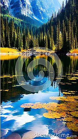 Tranquil Reflections in a Mountain Lake illustration Artificial Intelligence artwork generated Cartoon Illustration