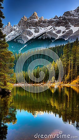 Tranquil Reflections in a Mountain Lake illustration Artificial Intelligence artwork generated Cartoon Illustration