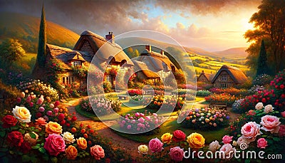 Tranquil Retreat: AI Generated Cottages Adorned with Blooming Roses Stock Photo