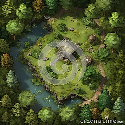 Tranquil Retreat in a Forest from a Bird's Eye View Stock Photo