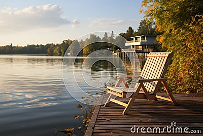 Tranquil retreat Wooden dock with a lounge chair on a calm lake Stock Photo