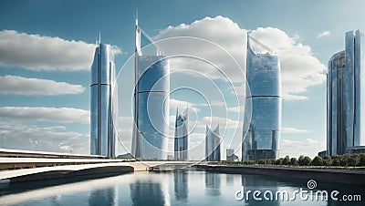 Mirrored skyscrapers on the river bank. Generative AI Stock Photo