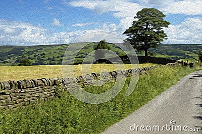 Tranquil Rural British Countryside in the Yorkshire Dales - Digital Watercolour Image. Stock Photo