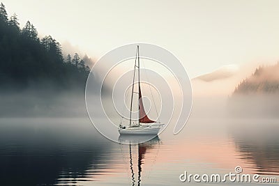 Tranquil Sailboat foggy lake. Generate Ai Stock Photo