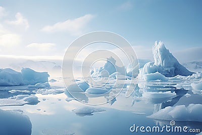 Tranquil Scene of Arctic Icebergs in Calm Waters with Soft Clouds in the Background. Generative AI Stock Photo