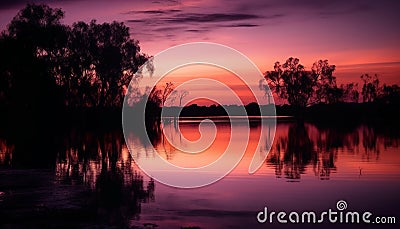 A tranquil scene at dusk, reflection on water, horizon over water generated by AI Stock Photo