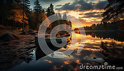 Tranquil scene forest, water, sunset, reflection, tree, beauty in nature generated by AI Stock Photo