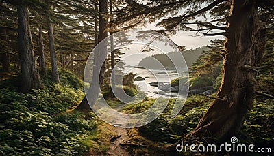 Tranquil scene green tree, rocky cliff, flowing water, serene sunset generated by AI Stock Photo