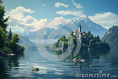 Tranquil scene of Lake Bled in Slovenia with its Stock Photo