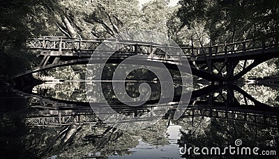 Tranquil scene of old footbridge over reflective pond in forest generated by AI Stock Photo