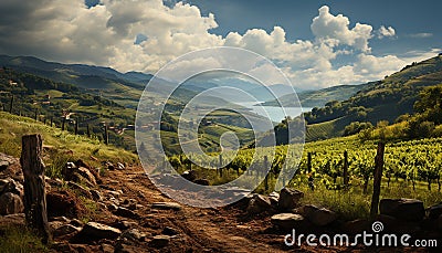 Tranquil scene of a rural vineyard, mountains, and green meadows generated by AI Stock Photo