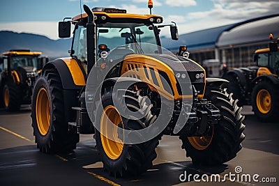 Tranquil scene of yellow black machines resting in an parking, construction picture Stock Photo