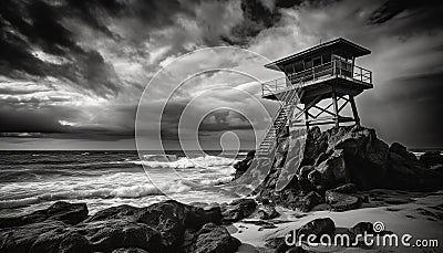 Tranquil seascape at dusk, lifeguard hut beacon generated by AI Stock Photo