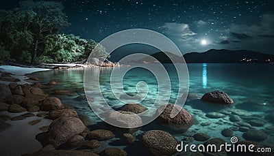Tranquil seascape at dusk, reflecting milky way on waters edge generated by AI Stock Photo