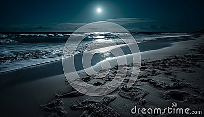 Tranquil seascape at dusk sand, surf, and moonlight reflections generated by AI Stock Photo