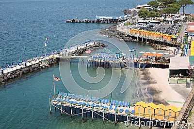 Sea and bathing huts at San Francesco Sorrento Italy Editorial Stock Photo