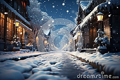 Tranquil snow scene a street softly covered, flakes gently falling Stock Photo