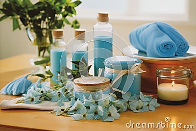 Spa accessories, candles, essential oils, and bath salts in a serene environment, evoking Stock Photo