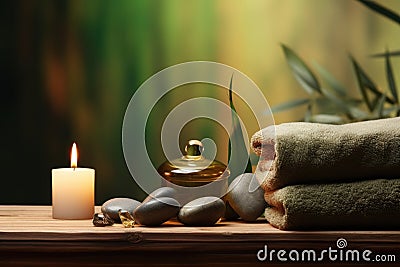 Tranquil spa concept sea stones balance on wooden table with candle, towel, and space for text Stock Photo