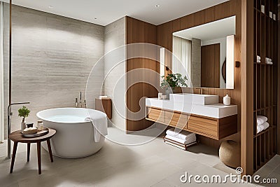 Tranquil Spa-Inspired Bathroom: Natural Materials, Minimalist Design, and Neutral Color Palette Stock Photo