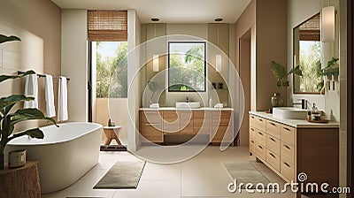 Tranquil Spa-Inspired Bathroom: Natural Materials, Minimalist Design, and Neutral Color Palette Stock Photo