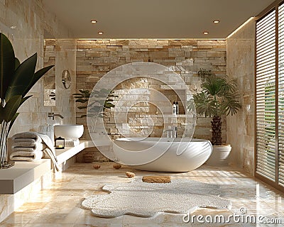 Tranquil spa-like bathroom with a freestanding tub and natural stone tiles3D render Stock Photo