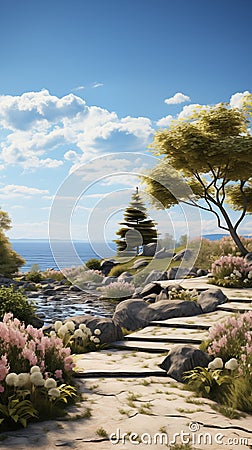 A tranquil stone path winds through a lush garden with flowering shrubs and trees by the seaside Stock Photo