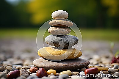 Tranquil stone stack against lush greenery. light and shadow interplay in serene nature scene Stock Photo