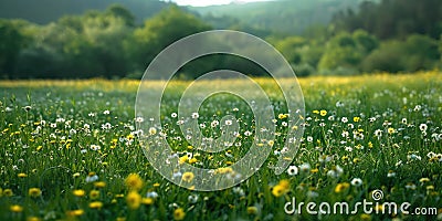 Tranquil summer field with daisies and yellow wildflowers Stock Photo