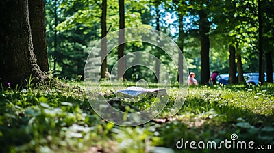 Tranquil summer scene with a book resting on the lush grass in the shade of trees Stock Photo