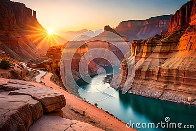 A tranquil, sun-drenched canyon with a meandering river cutting through its colorful rock layers Stock Photo