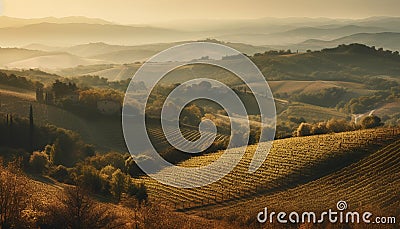 Tranquil sunrise over idyllic Italian vineyard landscape generated by AI Stock Photo